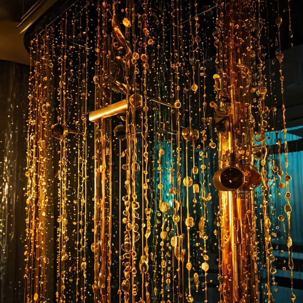 A hyperrealistic, lowangle photograph of a towering, vertical garden composed not of plants, but of suspended, glowing liquid amber droplets, each containing a frozen, intricate clockwork mechanism of brass and copper that rotates in slow, silent harmony. The droplets are arranged in a dense, cascading curtain that falls from a ceiling of polished, dark obsidian tiles, reflecting the warm, golden light emitted from within the mechanisms. Interspersed among the amber curtains are slender, metallic ribbons of silver that twist and spiral through the space, their surfaces etched with microscopic, glowing circuitry that pulses with a soft, cyan rhythm. In the foreground, a pair of hands, clad in delicate, translucent gloves made of woven light,