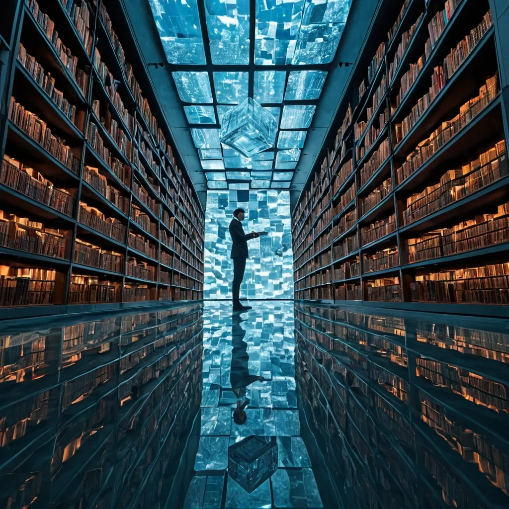 A lowangle, hyperrealistic view of a futuristic library constructed entirely from transparent aerogel blocks, suspended over a vast, still lake of liquid mercury. The books are not paper but flat, glowing slabs of obsidian that float in midair, arranged in complex, nonEuclidean geometric patterns. A lone librarian, wearing a suit woven from lightabsorbing Vantablack fabric, reaches out to touch a floating slab, causing ripples of soft, neonorange data streams to cascade across its surface. The mercury below acts as a perfect mirror, doubling the surreal geometry of the floating archives and reflecting the cool, pale blue ambient light from the sky above. The scene is bathed in crisp, directional sunlight that creates sharp