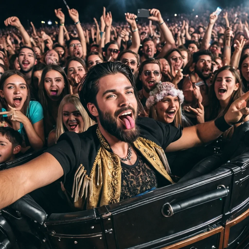 A very clear modern picture of a dark haired, modern handsome king with a beard riding in an royal open carriage amongst a happy crowd of EDM concert goers. One person in the crowd sticks her tongue out at him, doesn't like the king.
