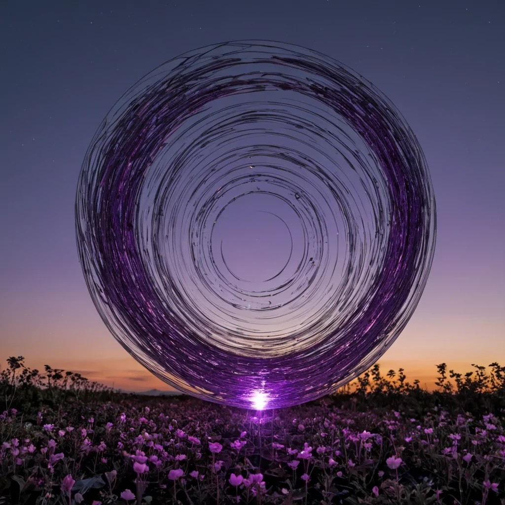 A single, selfilluminating filament of solidified twilight, shaped like a fractalized, nonreflective thread of reversed diurnal transition, drifts at the center of a vast, inverted sky garden suspended in the quantum void between two unaligned sunsets. The filament does not glowit undawns, each rotation dissolving a layer of light that never coalesced into a visible horizon, reforming into ephemeral, amethystveined afterimages shaped like the negative space between two eyelids that never opened to the same dusk in the same moment of mutual stillness. The sky garden is not botanicalit is a layered expanse of petrified atmosphere, each petal etched with the chromatic residue