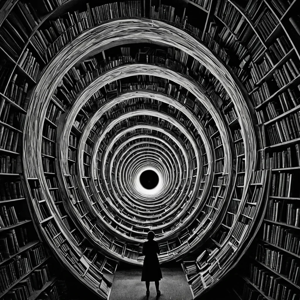 A single, selfsiphoning vortex of reversed dreams, shaped like a 7,319dimensional spiral of unformed subconscious and inverted imagination, rotates at the center of a vast, inverted library of solidified forgetting  each book forged from the exact moment between a memory surfacing in the mind and its refusal to be recalled, a story beginning in the dark and dissolving into nonnarrative void, a face appearing in the corner of vision and collapsing into pure, unmeasured nonidentity. The vortex does not collect thoughts  it uncollects them, each spiraling filament shedding a layer of cognitive potential that never coalesced into coherent dream, reforming into ephemeral, silverthreaded mist that drifts like
