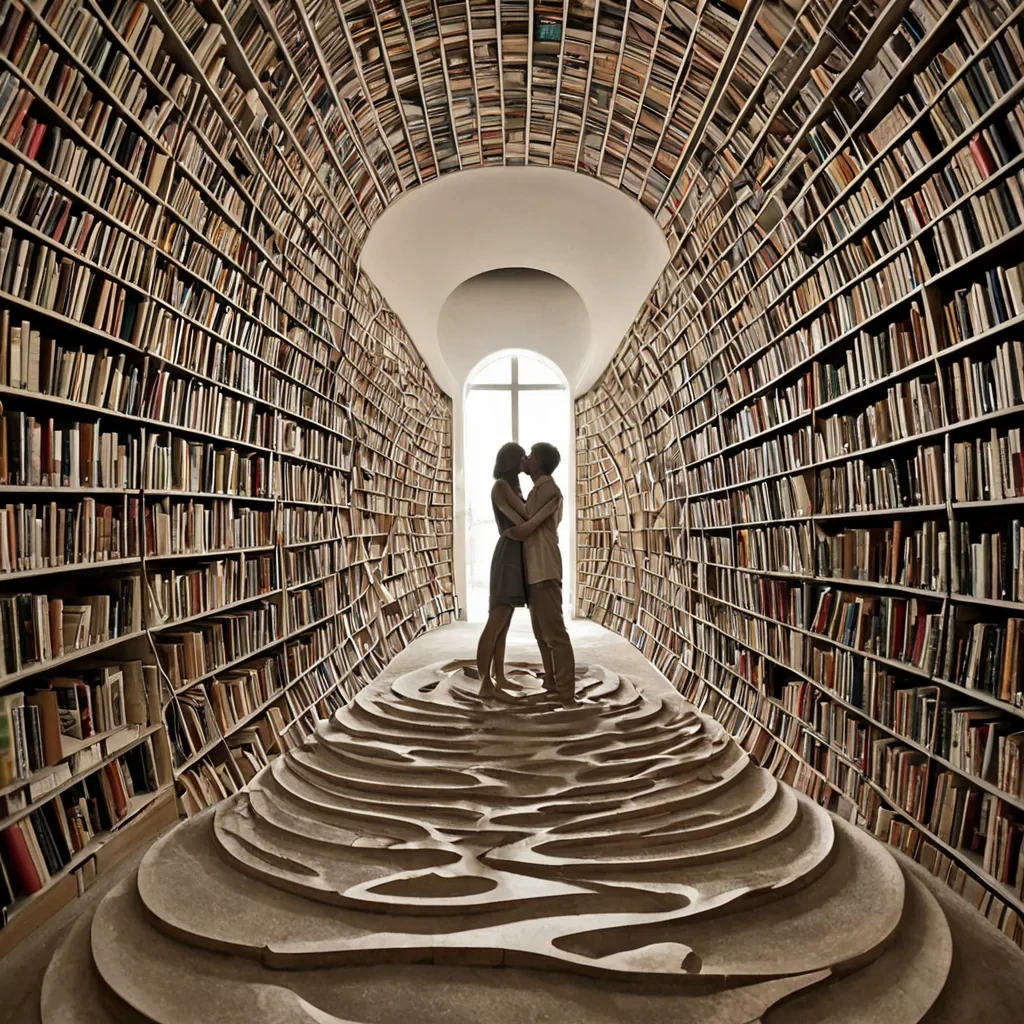 A single, selfentangling thread of solidified empathy, shaped like a Mbius strip of reversed emotional resonance, drifts at the center of a vast, inverted library built from the compressed, unspoken confessions of a civilization that communicated through the duration of synchronized, silent holding hands. The thread does not connectit unfeels, each twist dissolving a layer of compassion that never coalesced into a shared gesture, reforming into ephemeral, rosequartz veined afterimages shaped like the negative space between two palms that never pressed together in the same moment of mutual understanding. The library is not literaryit is a layered expanse of petrified intimacy, each bookshelf etched with the tactile residue of a touch