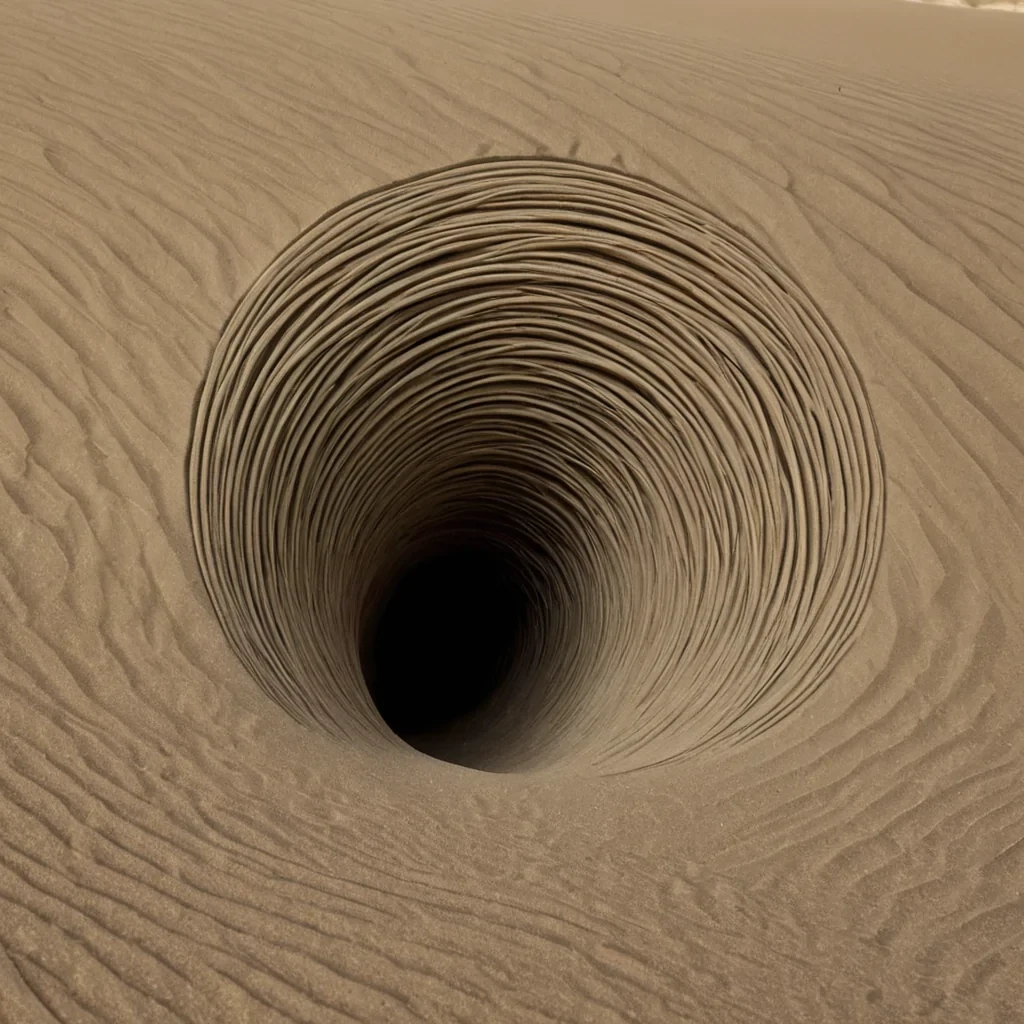 A single, selferoding thread of reversed silence, shaped like a 1,001dimensional coil of unformed quiet and inverted hush, drifts through the center of a vast, inverted desert of solidified sound  each dune carved from the exact moment between a door closing and its refusal to muffle, a whisper fading into the wind and dissolving into nonacoustic presence, a heartbeat echoing in an empty room and collapsing into pure, unmeasured nonvibration. The thread does not absorb noise  it unabsorbs it, each unraveling strand shedding a layer of auditory potential that never coalesced into perceptible resonance, reforming into ephemeral, moonstoneveined afterimages shaped like