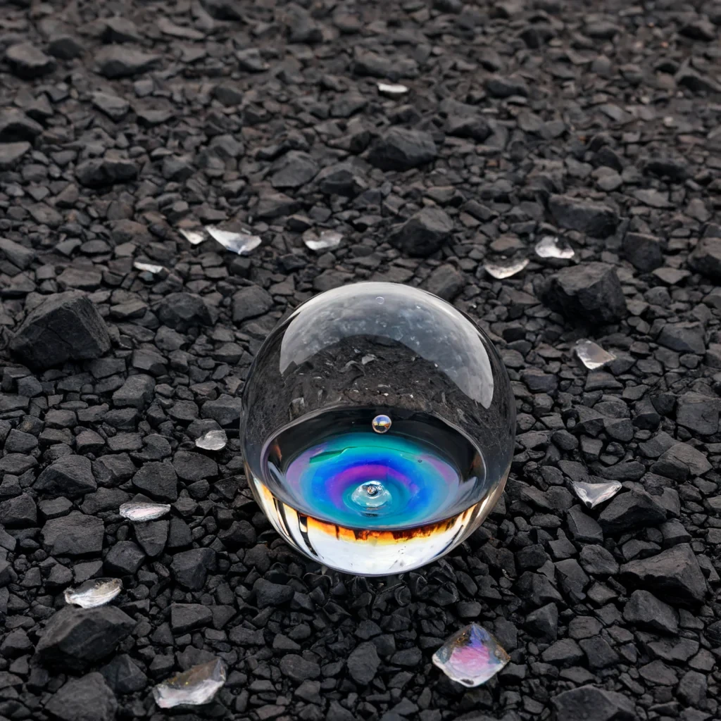 A hyperrealistic, eyelevel closeup of a single, massive, semitransparent droplet of molten mercury, suspended in midair above a chaotic, dry landscape of shattered, matte black basalt. The mercury droplet is perfectly spherical but internally turbulent, containing a frozen, microscopic hurricane of iridescent, iridescent oil slicks and tiny, floating, white porcelain shards that resemble broken tea cups. The surface tension of the mercury is distorted, pulling the surrounding air into visible, shimmering heat waves that ripple outward. Below the droplet, the basalt shards are arranged in a precise, geometric spiral, each fragment reflecting the distorted image of a distant, towering, crystalline structure that resembles a giant, twisted tuning fork made