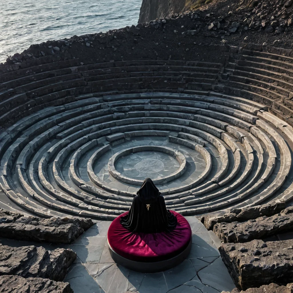 A vertical, highangle wide shot of a silent, circular amphitheater constructed from seamless, matteblack basalt, situated on the edge of a jagged, obsidian cliff overlooking a churning sea of liquid silver. The seating tiers are composed of concentric rings of floating, magnetic stone slabs that hover slightly above the floor, creating a sense of weightless stillness. In the center of the amphitheater, a solitary figure sits crosslegged on a low, hexagonal cushion of deep crimson velvet, their back to the viewer, wearing a hooded cloak made of woven, iridescent moth wings that shift from teal to purple in the ambient light. The air is thick with fine, suspended particles of gold dust that catch the