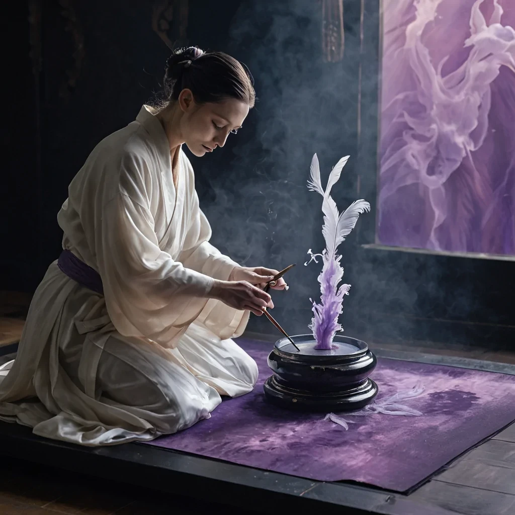 A horizontal, eyelevel medium shot of a delicate, suspended calligraphy studio perched on a slender bridge of spun glass spanning a vast, silent chasm filled with swirling, iridescent vapor. The floor is made of polished, dark basalt that reflects the soft, diffused light from above, creating a sense of infinite depth. In the center, a master scribe with smooth, porcelainlike skin and wearing a flowing, translucent silk robe in shades of pearl and pale gold kneels on a low, velvet mat. They hold a massive, ornate brush crafted from the feathers of a giant, mythical bird, dipping its tip into an inkwell that glows with a soft, ethereal violet light. As the brush moves, it
