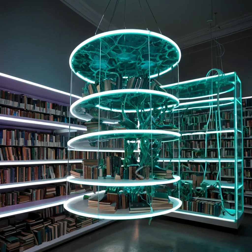 A hyperrealistic, eyelevel medium shot of a suspended, vertical hydroponic library where the shelves are constructed from curved, transparent acrylic tubes filled with nutrientrich, bioluminescent blue algae. Each tube holds a single, floating book bound in iridescent, scalelike material that shimmers with shifting hues of teal and violet under the ambient light. The books are not resting on shelves but are suspended in midair within the liquid, tethered by thin, golden filaments that connect them to a central, rotating hub of polished brass and glass optics. The background is a softfocus blur of white, porous foam structures, creating a stark contrast with the deep, aquatic tones of the algae. Soft, diffused light filters through the