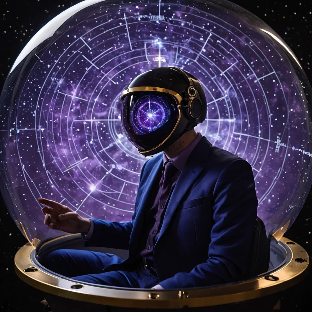 A closeup, eyelevel portrait of a celestial cartographer sitting inside a floating observatory pod constructed from curved, smoked glass and brushed titanium, suspended in a nebula of deep violet and electric blue gas. The cartographer wears a highcollared suit of matte charcoal fabric embedded with fiberoptic threads that pulse with soft white light, mirroring the star charts projected onto their retinal visor. In their hand, they hold a delicate, floating compass made of suspended magnetic spheres and gold leaf, which rotates slowly in zero gravity, aligning with invisible cosmic currents. The background is a softfocus blur of distant, swirling galaxy arms and dust lanes, illuminated by the harsh, directional light of a nearby neutron star, creating sharp rim lighting