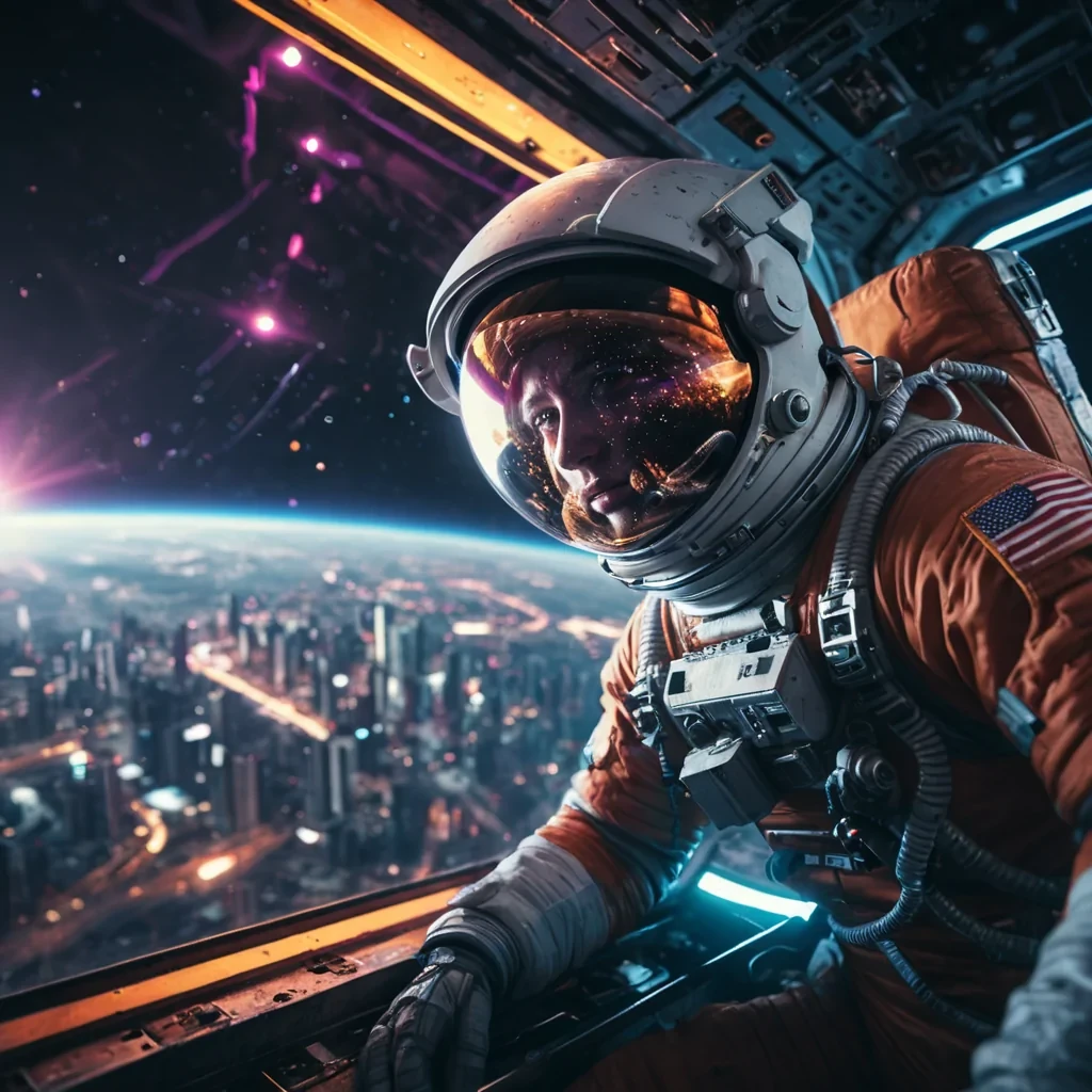 A lone astronaut floating in the void of space, tethered to a derelict spaceship, with a neonlit cityscape reflected in their visor, hyperrealistic, 4K, cinematic lighting, vibrant colors, lens flare, bokeh effect.