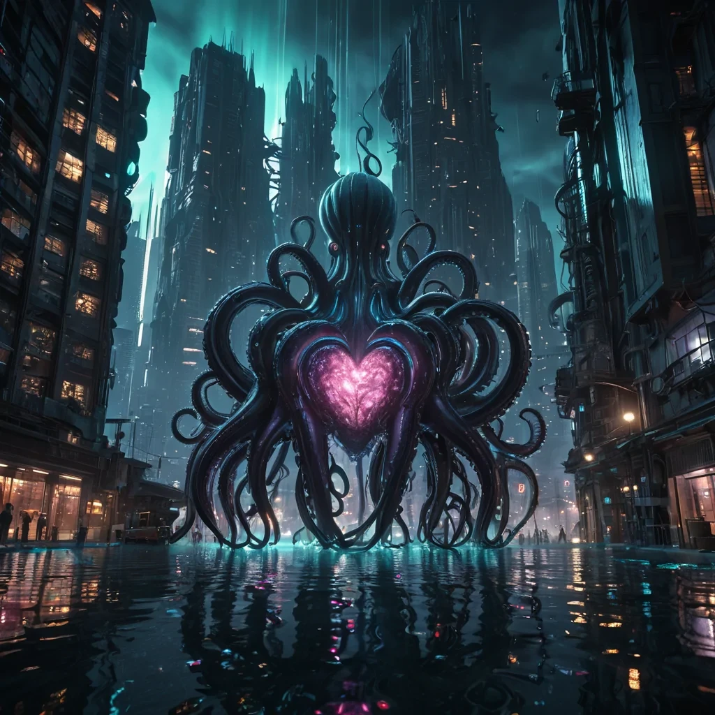 Photorealistic, gargantuan, obsidian, krakens tentacle metropolis, its hyperrealistic, 4K, sinewy structures revealing ultra HD, bioluminescent, cybernetic ecosystems within. Volumetric lighting from unseen, pulsating, cybernetic hearts etches the metropolis ethereal, writhing architecture, casting intricate, dynamic, bioluminescent shadows on the inverted, reflective void. Cinematic lighting bathes the scene in vibrant, otherworldly hues, with lens flare emphasizing the metropolis central, radiant, throbbing, obsidian heart, pulsating with captive, artificial, cybernetic energy.