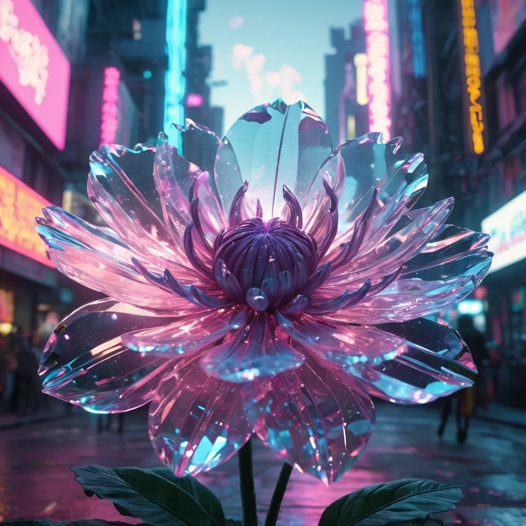 A colossal, crystalline flower blooming in the heart of a neonlit cyberpunk city, its petals reflecting holographic advertisements, hyperrealistic, 4K, cinematic lighting, volumetric lighting, atmospheric effects, dynamic lighting, bokeh effect, soft focus, lens flare, neon pinks and electric blues, detailed textures.