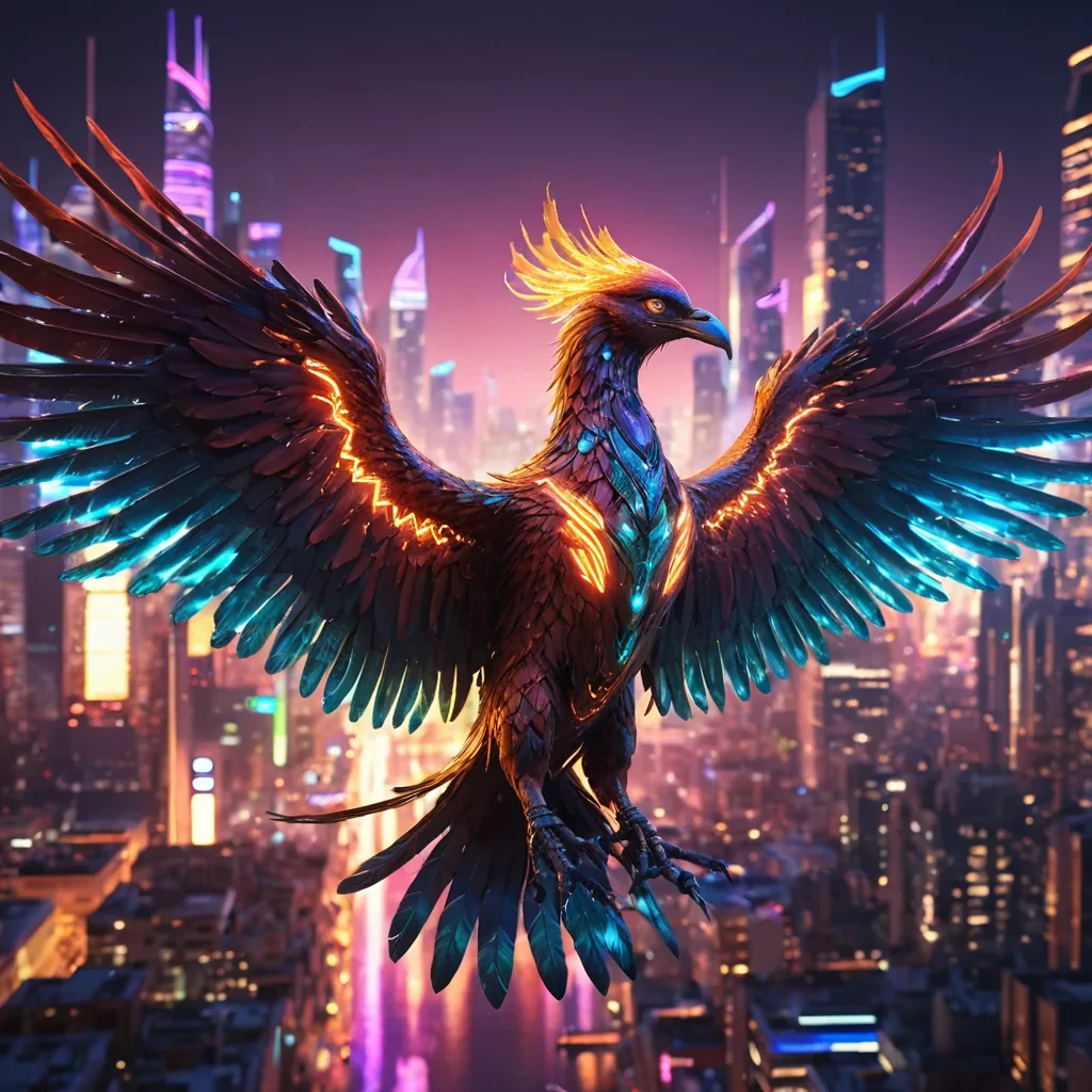 A hyperrealistic, 4K, ultra HD portrait of a cybernetic phoenix, its iridescent feathers shimmering with the colors of a vibrant neon cityscape at night. The phoenixs eyes, a deep, enigmatic amber, hold the secrets of a thousand digital rebirths. Its wings, a cascade of shimmering, holographic circuitry, gently pulse with each beat of its mechanical heart. The background is a surreal, hightech city filled with floating skyscrapers and the soft glow of smart screens. Cinematic lighting accentuates the phoenixs otherworldly beauty, while a subtle bokeh effect blurs the neonlit cityscape, creating an intimate, focused atmosphere.