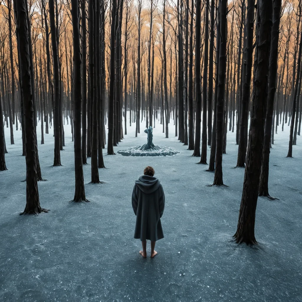 A vertical, highangle medium shot of a hyperminimalist interior bathed in the cool, diffused light of a northern forest canopy, where the floor is a seamless expanse of polished, warmhoney maple wood that reflects the surrounding architecture. The space is defined by a singular, massive sculpture resembling a frozen wave of translucent, pale blue ice that curls upward from the floor, its surface embedded with thousands of tiny, suspended seeds that glow with a faint, organic amber light. In the foreground, a figure wearing a structured, oversized coat made of textured, heavyweight wool in a deep slate grey stands barefoot, their hand gently resting on the ice surface. The composition emphasizes the contrast between the rigid, geometric lines of the rooms white