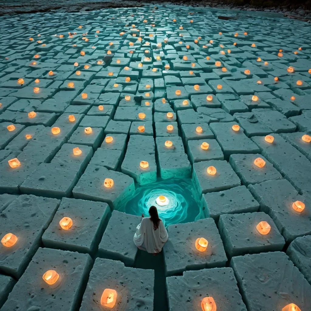 A horizontal, eyelevel medium shot of a tranquil, shallow lagoon filled with clear, turquoise water that serves as the base for a complex, floating maze constructed from massive, translucent blocks of pale blue quartz. The maze walls are smooth and polished, refracting the sunlight into soft, geometric patterns on the waters surface. Winding through the quartz corridors are narrow pathways made of fine, white silica sand, marked by small, glowing orange lanterns that float just above the sand level. In the center of the maze, a figure wearing a loose, flowing robe made of textured, creamcolored hemp fabric sits crosslegged on a low, round cushion, reading a holographic text that projects from a small, smooth river stone held in their hands.