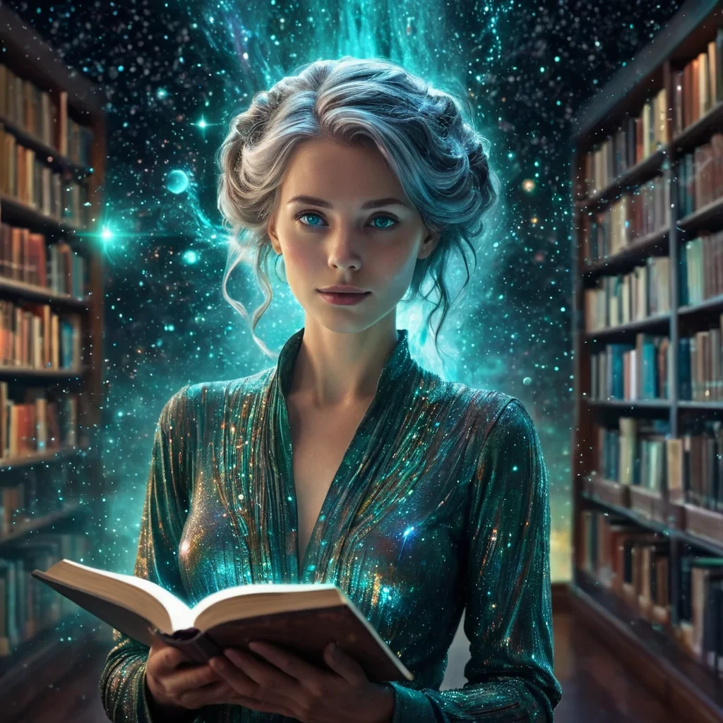 A hyperrealistic, 4K, ultra HD portrait of a cosmic librarian, her iridescent skin shimmering with the colors of a distant quasar. The librarians eyes, a deep, enigmatic turquoise, hold the secrets of the universes oldest stories. Her hair, a cascade of shimmering, stardustlike particles, gently pulses with each beat of her celestial heart. The background is a surreal, intergalactic library filled with floating books and holographic data streams, with distant cosmic entities and celestial phenomena casting a soft, ethereal glow. Cinematic lighting accentuates the librarians otherworldly beauty, while a subtle bokeh effect blurs the cosmic realm, creating an intimate, focused atmosphere.