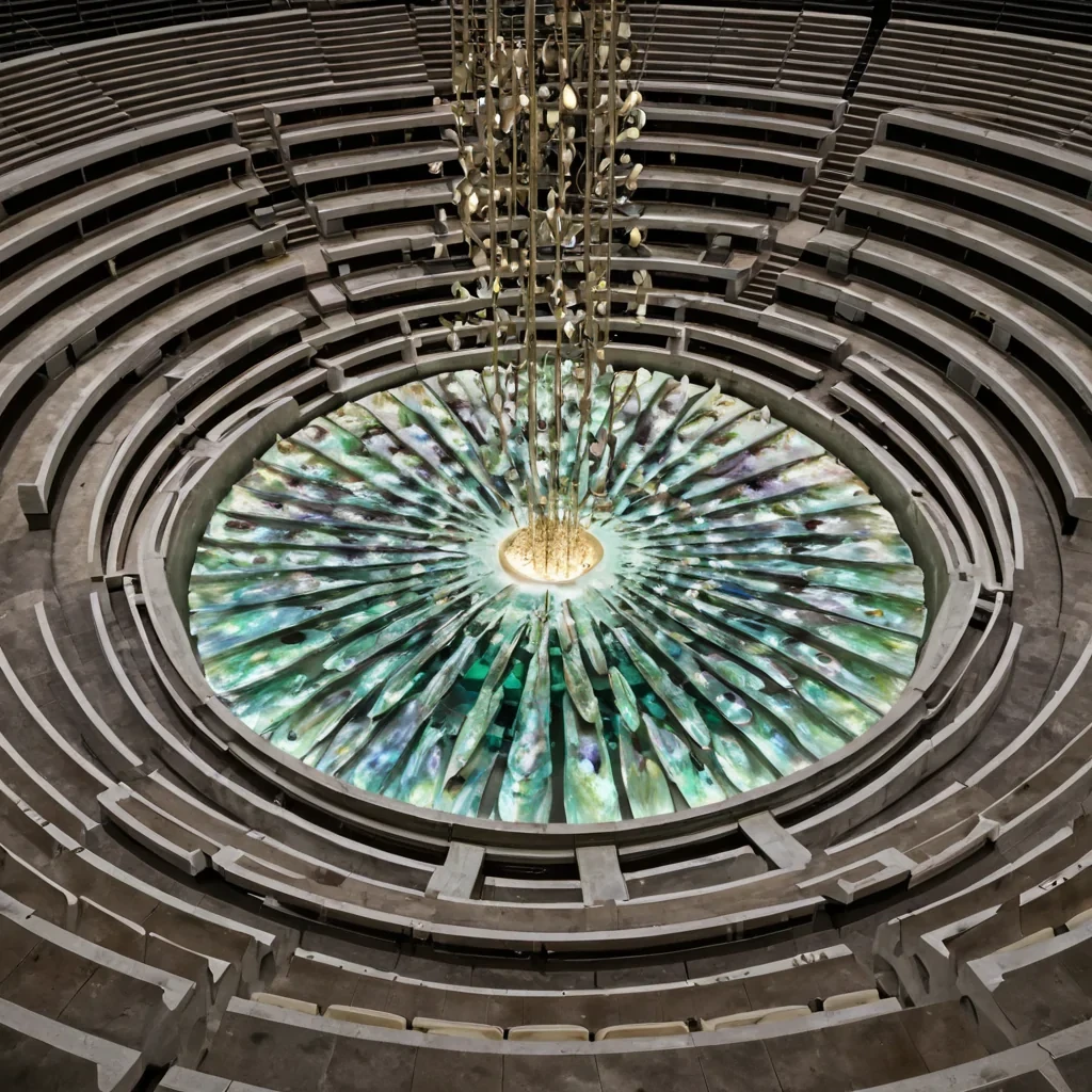 A highangle, symmetrical composition of a vast, circular amphitheater constructed from polished, iridescent abalone shell fragments that create a kaleidoscope of shifting greens, purples, and golds. The seating tiers are occupied by hundreds of silent figures wearing sleek, mattewhite armor suits with smooth, seamless curves, all facing inward toward a central, floating platform made of suspended, liquid mercury. The mercury surface is perfectly still, reflecting the figures above with mirrorlike precision, while subtle ripples emanate from the center where a single, glowing geometric polyhedron of translucent quartz hovers. The lighting is cool and ethereal, emanating from the quartz core, casting long, sharp shadows and highlighting the intricate textures of the shell