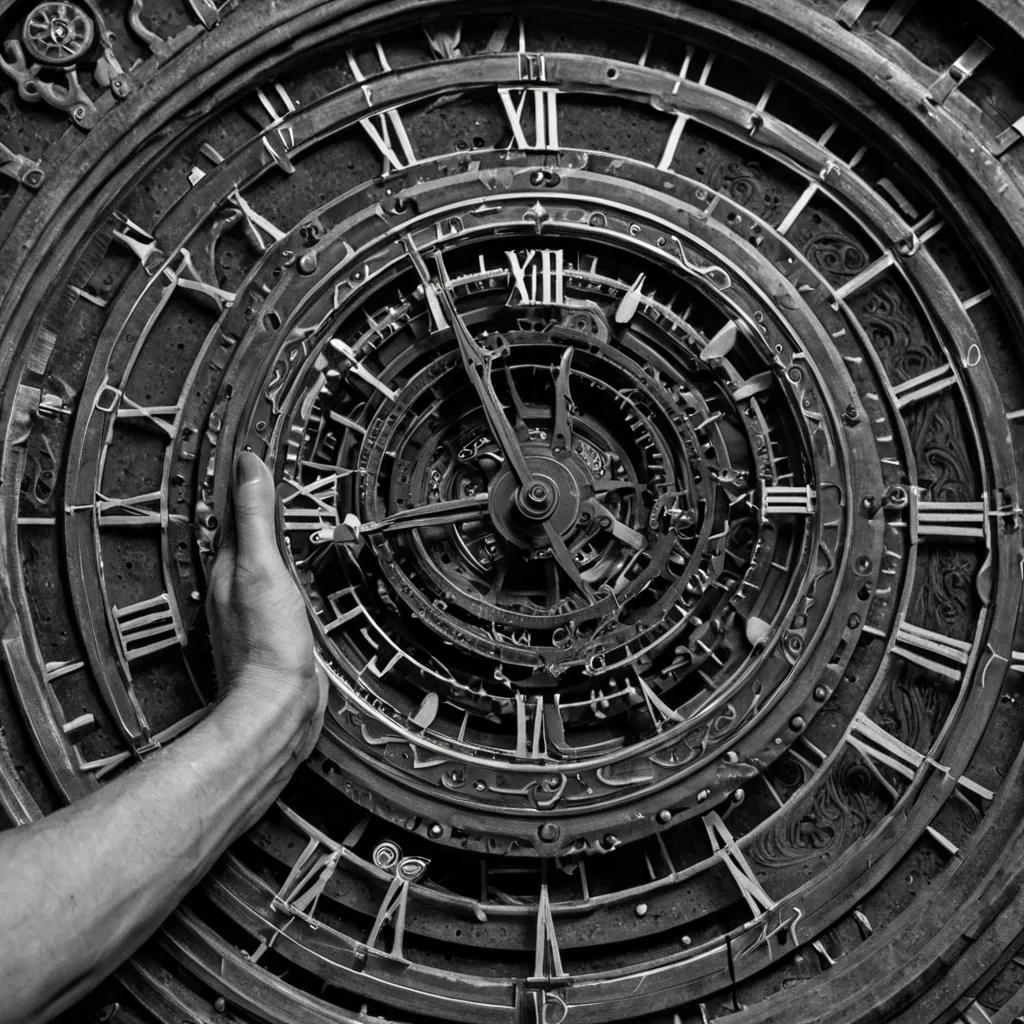 A single, selfreplicating filament of reversed time, shaped like a 413dimensional braid of unformed chronology and inverted causality, pulses at the center of a vast, inverted clocktower of solidified stasiseach gear carved from the exact moment between a second ticking and its refusal to pass, a pendulum swinging and dissolving into nonkinetic dust, a hand moving and collapsing into pure, unmeasured stillness. The filament does not ageit unages, each shimmering strand shedding a layer of temporal potential that never coalesced into a shared future, reforming into ephemeral, onyxthreaded afterimages shaped like the negative space between two wrists that never touched a watch face