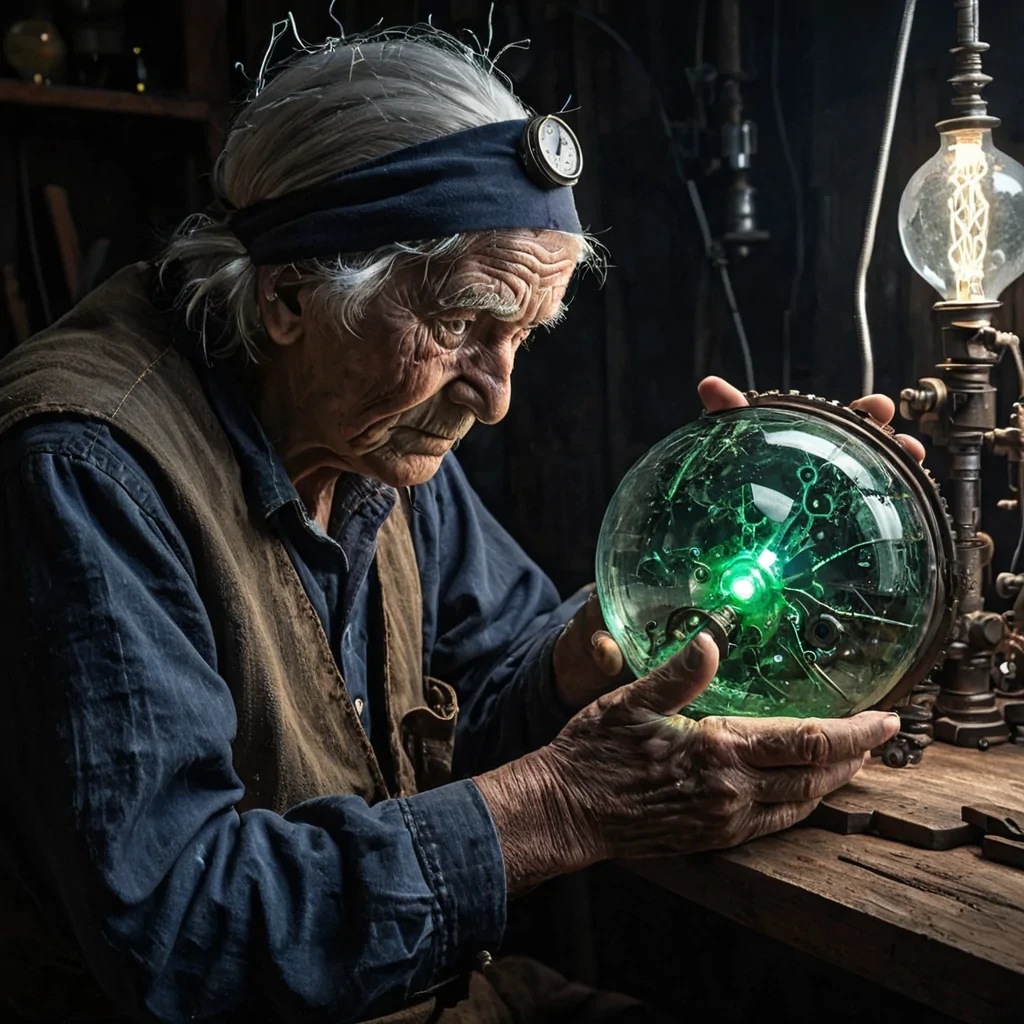 An intimate, eyelevel portrait of an elderly artisan with weathered, deeply lined skin, wearing a headpiece woven from translucent, flexible sheets of silvered mylar that catch the light like liquid mercury. The artisan is seated at a workbench made of reclaimed, dark walnut wood, meticulously assembling a tiny, intricate clockwork mechanism. The gears of the mechanism are not metal, but polished, semitranslucent amber resin, filled with suspended, microscopic bubbles of trapped, glowing green gas. In the artisans left hand, held delicately between thumb and forefinger, is a single, perfect sphere of solid, deep indigo glass, within which a miniature, frozen lightning bolt crackles in eternal, silent suspension. The background is a soft,