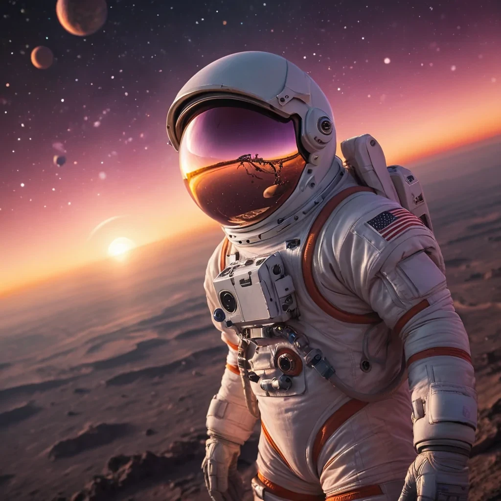 Orbital Sunset A lone astronaut, in full EVA gear, floats against the backdrop of a hyperrealistic, Ultra HD sunset on an alien world. The planets twin moons cast a vibrant, pastel glow across the horizon, creating a dynamic, cinematic lighting effect. The astronauts visor reflects the distant, swirling galaxies, while the Bokeh effect from the helmets lights adds a soft, dreamlike focus to the scene.
