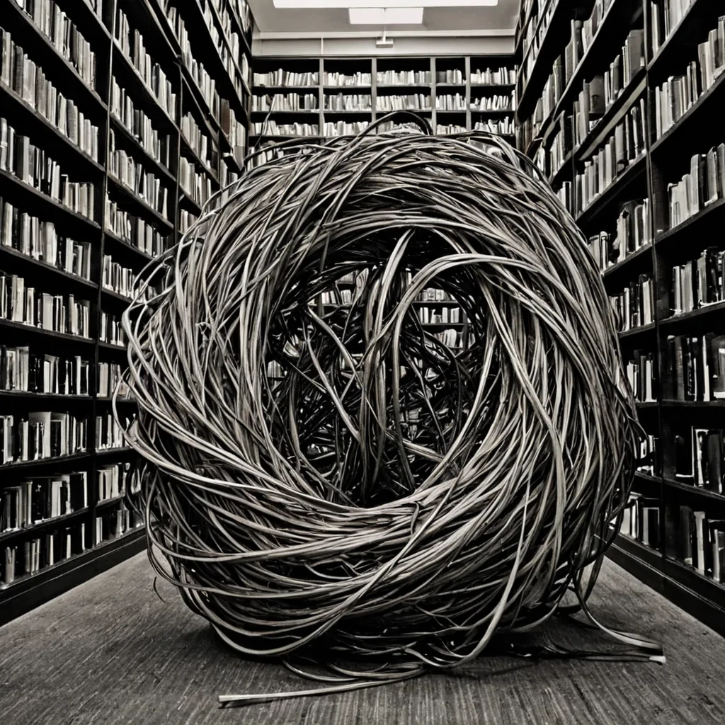 A single, selfrewriting filament of reversed language, shaped like a 13,842dimensional tangle of unformed syntax and inverted meaning, drifts through the hollow core of a vast, inverted library of solidified silence. Each knot is spun from the exact moment between a word forming in the mind and its refusal to be spoken, a sentence unraveling into nonsense before it can be written, a name whispered into the dark and dissolving into nonidentity. The filament does not communicateit uncommunicates, each shimmering twist shedding a layer of semantic potential that never coalesced into truth, narrative, or the weight of being understood. As it pulses backward through the librarys glasswalled shelves, every book
