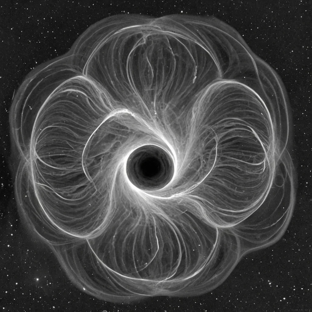 A single, selfsiphoning filament of inverted light, shaped like a 23dimensional toroidal knot of unformed visibility and reversed illumination, drifts through the center of a vast, inverted nebula of solidified sound  each gas cloud sculpted from the petrified vibrations of a civilization that measured existence not by breath, but by the duration of synchronized, breathless silences held just before the first note was ever permitted to resonate in a world where music was forbidden. The filament does not glow  it unhears, each refractive twist shedding a layer of auditory potential that never coalesced into a shared melody, reforming into ephemeral, cobaltthreaded afterimages shaped like the negative space between two ears that