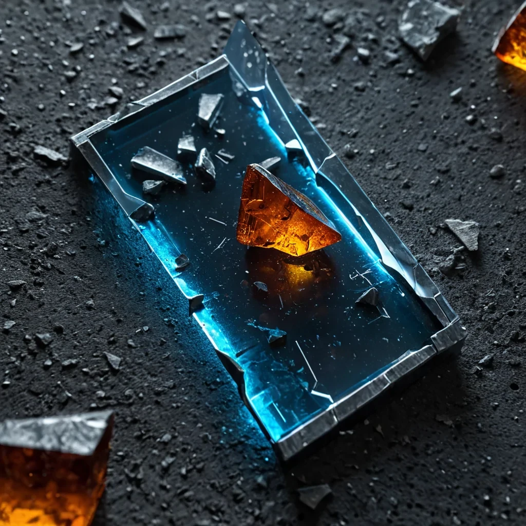 A macro, hyperrealistic shot of a fractured, ancient tablet made of compressed, fossilized amber, resting on a bed of crushed, matte silver metallic dust. The tablet is split into three irregular shards, each floating slightly above the surface in a state of magnetic levitation, separated by millimeter gaps filled with a faint, shimmering haze of blue neon gas. Embedded within the translucent amber of each shard are not insects, but preserved, microscopic snapshots of a bustling, futuristic cyberpunk street market, frozen in time with visible motion blur and neon reflections. The lighting is harsh and direct, coming from a single, intense white spotlight above, creating deep, sharp shadows that emphasize the rough, crystalline edges of the broken shards. The background is