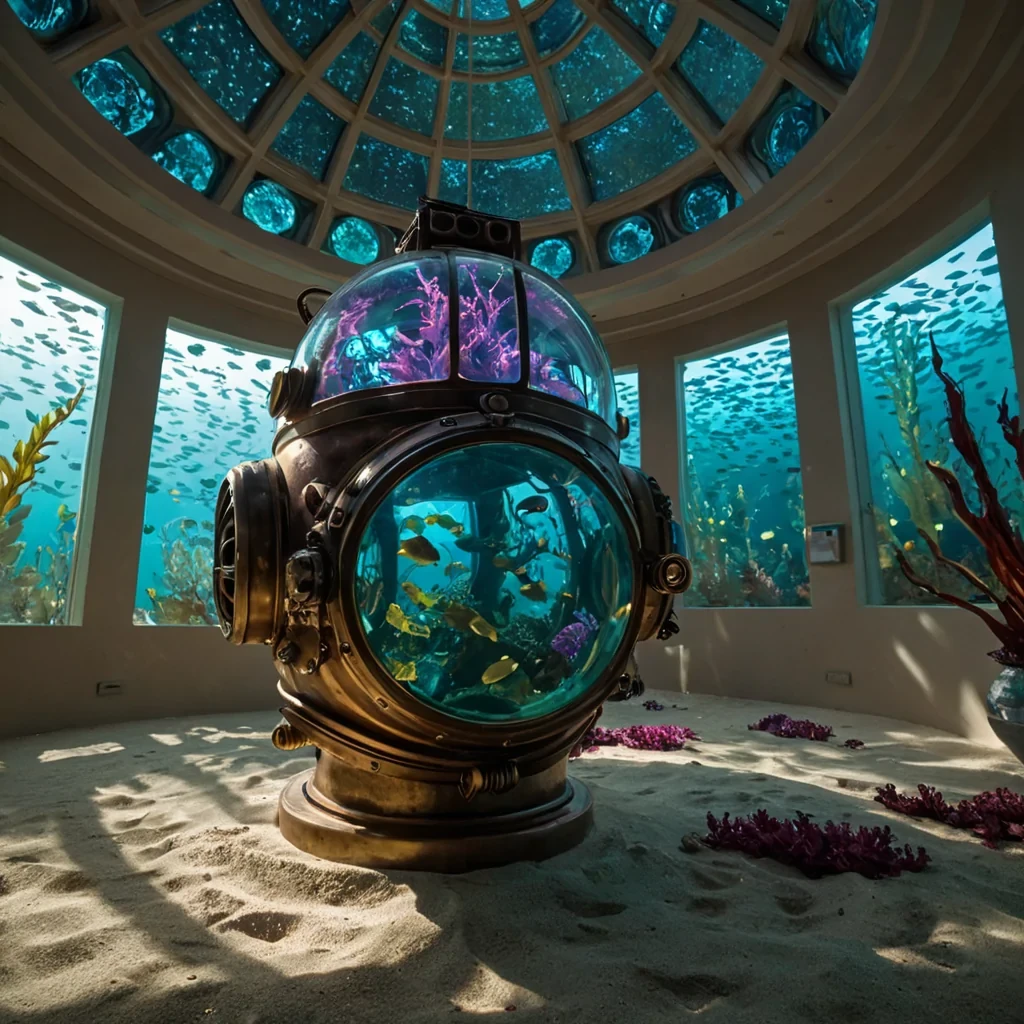 A horizontal, eyelevel medium shot of a serene, subaquatic sanctuary built inside the translucent, bulbous head of a colossal, ancient diving helmet made of thick, bubbled quartz. The interior is filled with clear, still water, where a dense garden of bioluminescent kelp in shades of electric turquoise and deep magenta grows in slowmotion spirals from the sandy floor. Floating gently among the fronds are dozens of tiny, autonomous robotic fish crafted from polished bronze and stained glass, each emitting a soft, warm amber glow from within. Sunlight filters through the curved quartz ceiling above, creating refracted prisms of rainbow light that dance across the helmets internal metal ribs and the shimmering, iridescent pearls scattered