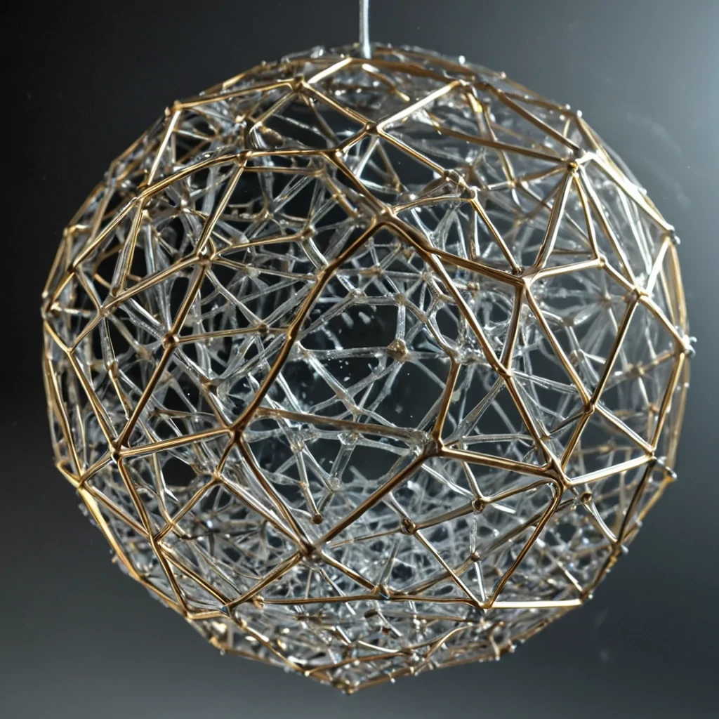 A highangle, macro photograph of a complex, suspended structure made entirely of woven, translucent human hair, interlaced with thin, rigid filaments of polished obsidian and shimmering, metallic gold thread. The structure forms a perfect, intricate dodecahedron floating in a vast, empty space filled with a fine, misty haze of powdered chalk and suspended, dryice crystals. Inside the hair lattice, a single, perfect sphere of molten, iridescent soap bubbles floats, defying gravity and surface tension, its surface reflecting a distorted, kaleidoscopic view of the surrounding mist. The lighting is cool and diffused, coming from directly above, creating a soft, ethereal glow that highlights the individual strands of