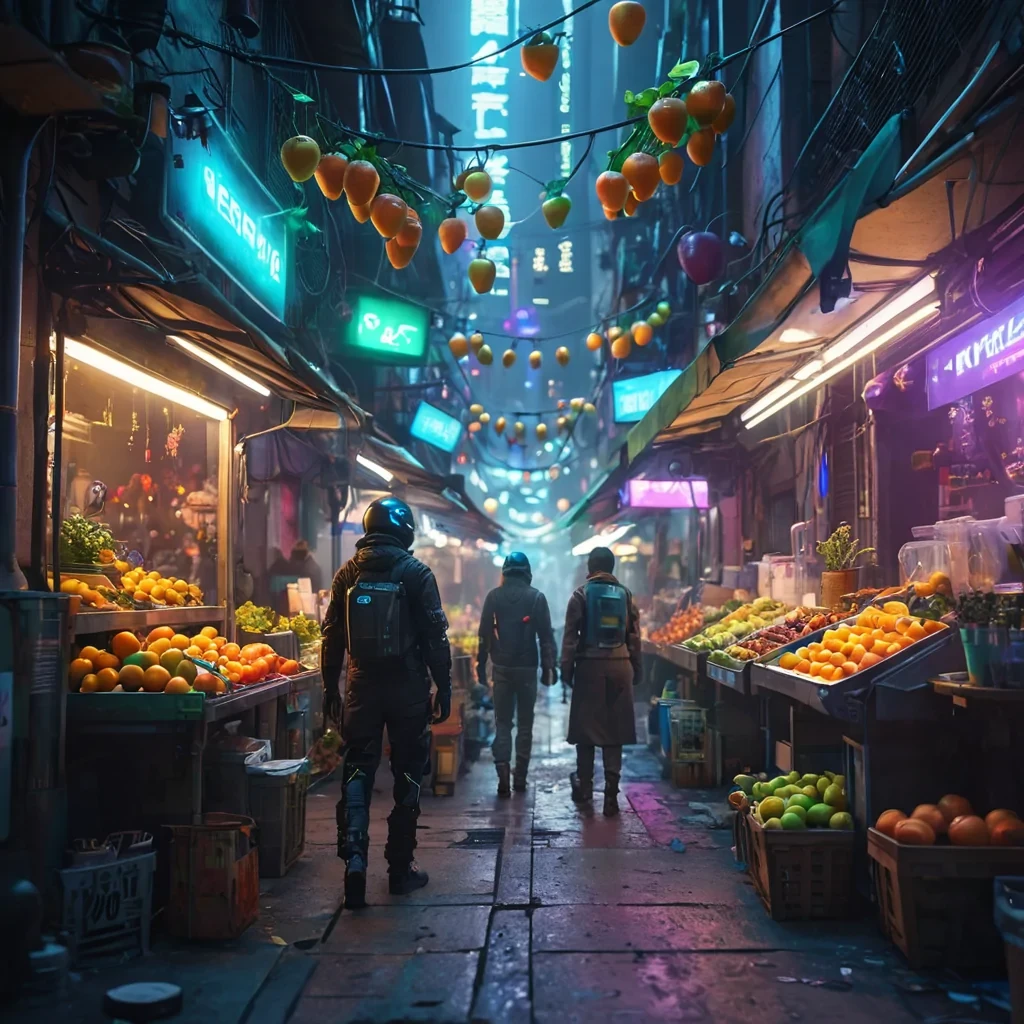 A cybernetic market in a neonlit alley, vendors with mechanical limbs selling bioluminescent fruits, hyperrealistic, 4K, cinematic lighting, volumetric lighting, atmospheric effects, bokeh effect, lens flare, vibrant colors, detailed textures.