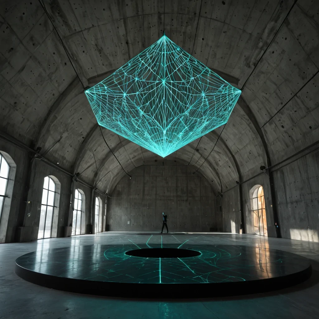 A photorealistic, eyelevel wide shot of a vast, silent indoor arena where the floor is a seamless expanse of polished, black volcanic glass, reflecting the intricate architecture above. The ceiling is not a solid structure but a dense, threedimensional web of thousands of thin, glowing fiberoptic cables suspended in midair, forming a complex, organic lattice that pulses with rhythmic waves of soft teal and amber light. Hanging from this luminous web are dozens of large, geometric kites crafted from translucent, frosted acrylic and rigid carbon fiber, drifting slowly in a gentle, artificial breeze. In the foreground, a solitary figure stands on a raised, circular platform made of raw, textured concrete, wearing a minimalist, white avantgarde suit