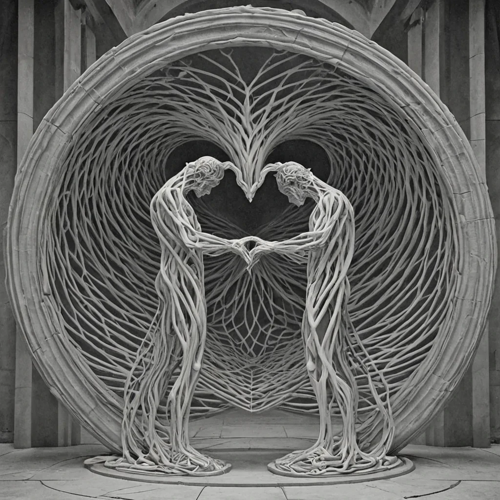 A single, selfattenuating filament of reversed empathy, shaped like a 2,987dimensional toroidal lattice of unformed connection and inverted compassion, drifts through a vast, inverted sanctuary of solidified isolationeach pillar carved from the exact moment between a hand reaching and its refusal to meet, a glance softening and dissolving into nonemotional haze, a word forming and collapsing into pure, unmeasured solitude. The filament does not feelit unfeels, each spiraling strand shedding a layer of relational potential that never coalesced into mutual understanding, reforming into ephemeral, moonstoneveined afterimages shaped like the negative space between two hearts that never beat in synchronized silence. The air hum