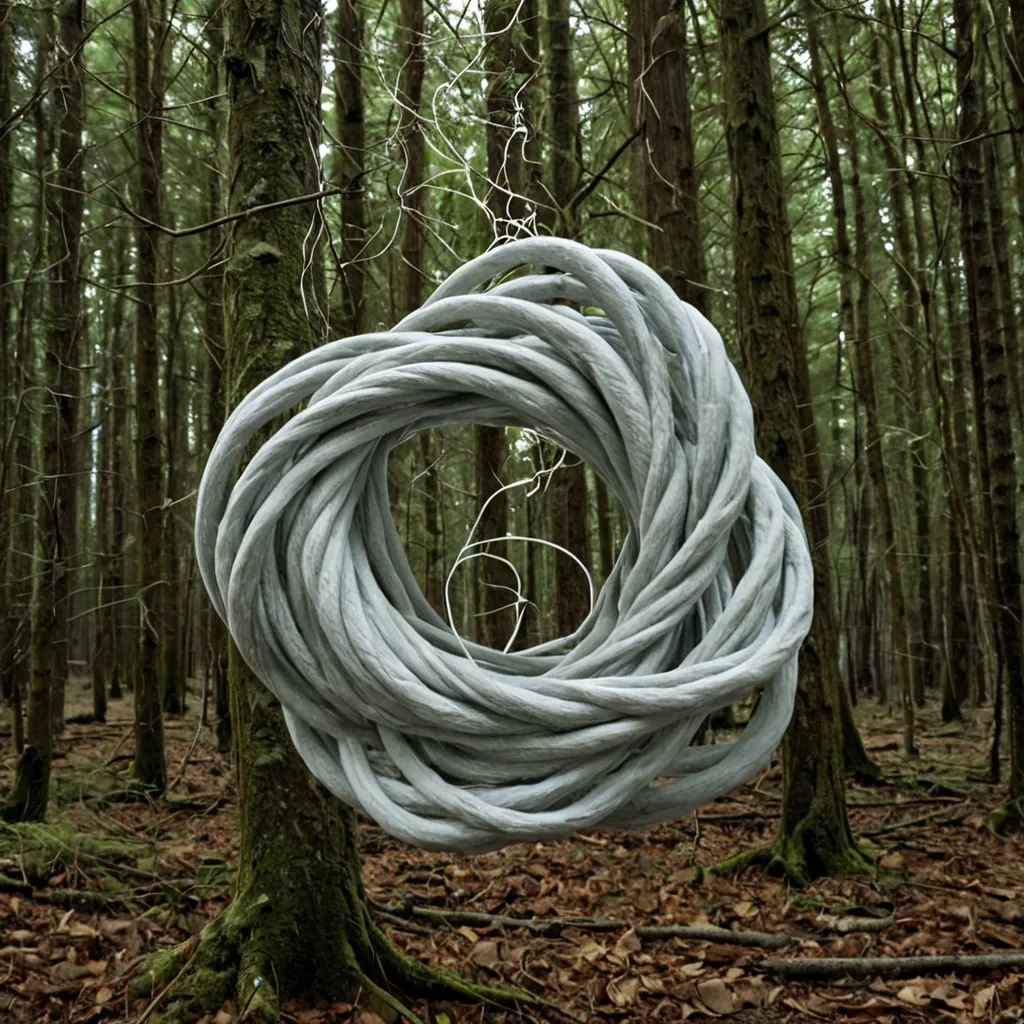 A single, selfunfolding knot of reversed gravity, shaped like a 5,317dimensional tangle of unformed weight and inverted mass, floats at the center of a vast, inverted forest of solidified levitation. Each twist is spun from the exact moment between a stone falling and its refusal to accelerate, a leaf drifting upward and dissolving into nondescent, a breath released into the air and collapsing into pure, unmeasured nonmomentum. The knot does not anchor spaceit unanchors it, each unraveling loop shedding a layer of gravitational potential that never coalesced into pull, pressure, or grounding, reforming into ephemeral, jadeveined vapor that rises like a sigh from a world that