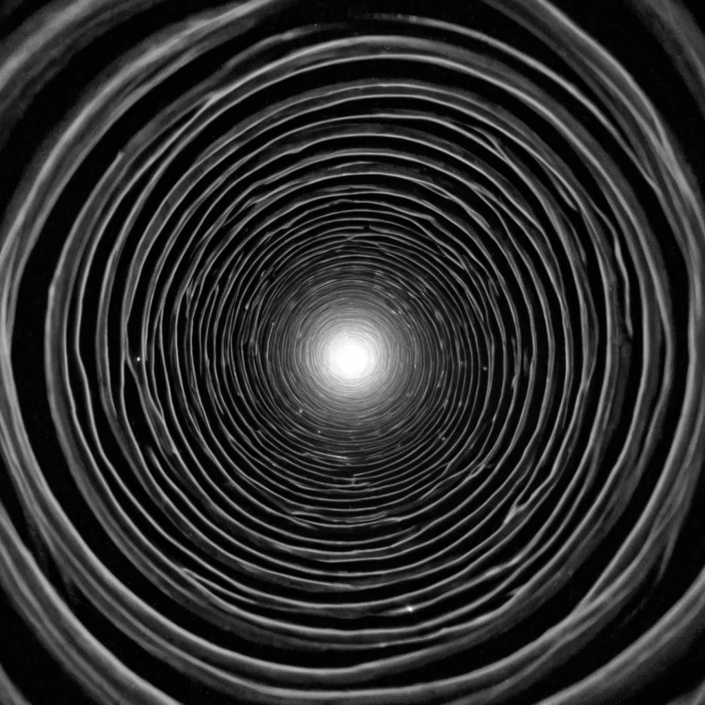 A single, selfilluminating filament of reversed light, shaped like a 7,319dimensional helix of unformed shadow and inverted radiance, drifts through the hollow core of a vast, inverted observatory of solidified darkness. Each twist is spun from the exact moment between a star igniting and its refusal to shine, a lens focusing and dissolving into nonrefraction, a photon syncing with the rhythm of a forgotten spectrum and collapsing into pure, unmeasured nonluminescence. The filament does not emit brightnessit unemits it, each trembling coil shedding a layer of photonic potential that never coalesced into vision, revelation, or the weight of being seen. As it spirals backward