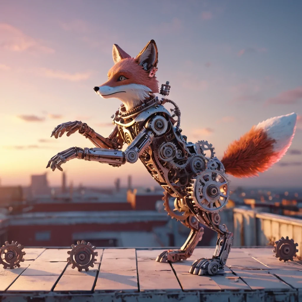 A whimsical, mechanical fox dances alone on a vast, neonlit rooftop, its gears and springs glowing with a soft inner light, photorealistic, 4K, cinematic lighting, volumetric lighting, atmospheric effects, soft focus, pastel tones, detailed textures.