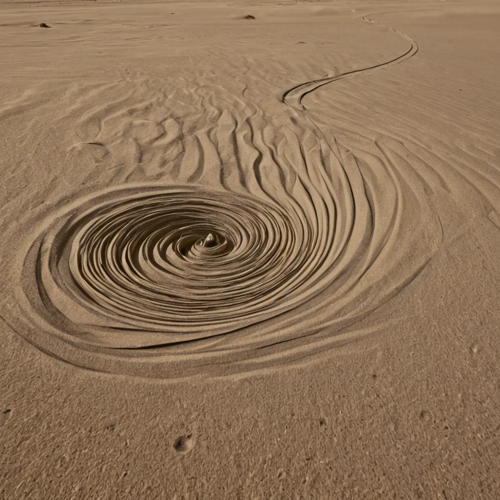 A single, selfrewinding thread of reversed silence, shaped like a 1,001dimensional spiral of unformed quiet and inverted hush, drifts through the center of a vast, inverted desert of solidified sound  each dune carved from the exact moment between a door closing and its refusal to muffle, a whisper fading into the wind and dissolving into nonacoustic presence, a heartbeat echoing in an empty room and collapsing into pure, unmeasured nonvibration. The thread does not absorb noise  it unabsorbs it, each unraveling strand shedding a layer of auditory potential that never coalesced into perceptible resonance, reforming into ephemeral, moonstoneveined afterimages shaped like
