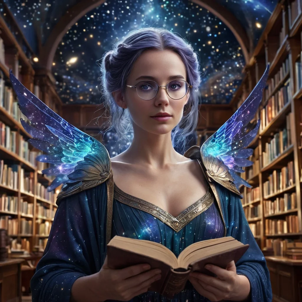 A hyperrealistic, 4K, ultra HD portrait of a celestial librarian, her iridescent wings shimmering with the colors of a distant supernova. The librarians eyes, a deep, enigmatic indigo, hold the secrets of a thousand cosmic tomes. Her hair, a cascade of shimmering, stardustlike particles, gently pulses with each beat of her ethereal heart. The background is a surreal, celestial library filled with floating books and the soft glow of ancient starlight. Cinematic lighting accentuates the librarians otherworldly beauty, while a subtle bokeh effect blurs the cosmic expanse, creating an intimate, focused atmosphere.