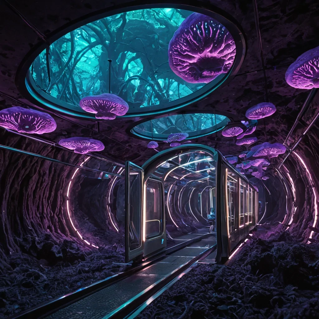 A dynamic, lowangle tracking shot of a sprawling, bioluminescent fungal forest composed entirely of massive, translucent corallike structures in shades of electric violet and neon teal, set within a subterranean cavern illuminated by shafts of harsh, white laboratory light from above. In the foreground, a sleek, retrofuturistic tram with a polished chrome exterior and large, circular porthole windows glides along a suspended magnetic track, its interior warmly lit with amber tungsten bulbs, revealing passengers dressed in structured, highcollared garments made of iridescent, scalelike fabric. The air is thick with floating, microscopic spores that catch the light like golden dust, creating a deep, atmospheric haze. The background features towering, spir