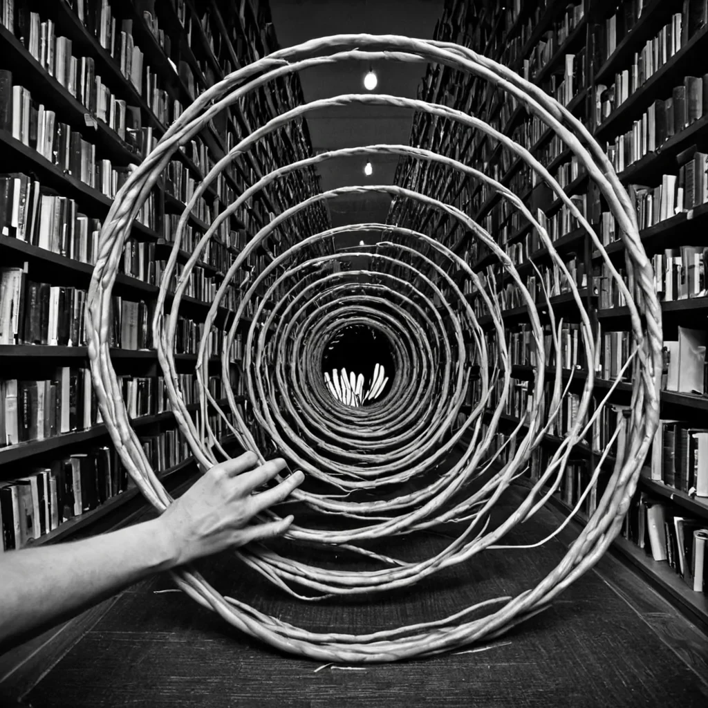 A single, selfunfurling thread of reversed empathy, shaped like a 2,897dimensional helix of unformed compassion and inverted connection, drifts through the hollow core of a vast, inverted library of solidified solitude. Each twist is spun from the exact moment between a hand reaching out and its refusal to be grasped, a word of comfort forming on the tongue and dissolving into nonspeech, a tear falling and collapsing into pure, unmeasured nonsympathy. The helix does not transmit careit untransmits it, each trembling coil shedding a layer of emotional potential that never coalesced into understanding, tenderness, or the weight of being truly known. As it spirals backward