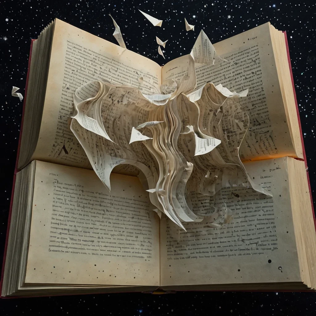 A single, selfreplicating library of floating, translucent origami pages made of solidified silence and woven starlight drifts through a nebula of inverted soundwaves, each page not folded but suspended in midair as if caught in the exact moment before a word was spoken. The pages are not written onthey are the writing, their creases forming the shape of untransmitted letters, each one glowing faintly with the emotional frequency of a decision never made. The library does not rest on a foundationit floats in a void of liquid memory, where ripples are not water but the afterimage of a breath held too long, dissolving into new constellations of regret, hope, or quiet resolve. Between the pages,