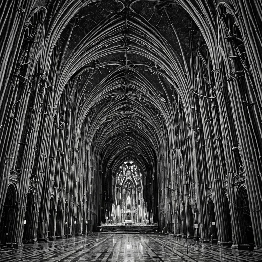 A single, selfreplicating filament of solidified static, shaped like a fractalized, nonNewtonian lattice of inverted radio waves, pulses at the center of a vast, suspended cathedral built not from stone or glass, but from the compressed frequencies of untransmitted messages from a civilization that communicated through the silence between broadcasts. The filament does not transmitit unbroadcasts, each node dissolving a layer of signal that never coalesced, reforming into ephemeral, monochromatic arches shaped like the negative space between two antennas that never aligned in the same moment of transmission. The cathedral is not sacredit is a layered expanse of petrified interference, each column etched with the electromagnetic residue of a frequency