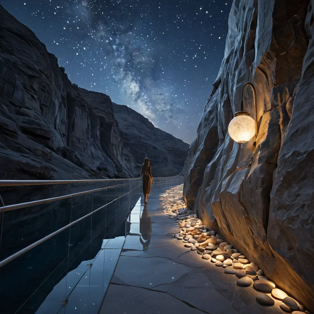 A hyperrealistic, eyelevel wide shot of a serene, highaltitude sanctuary built into the side of a towering, sheer cliff face made of translucent, frosted alabaster. The structure is composed of sleek, curved pods resembling oversized, smooth river stones, seamlessly integrated into the rock via delicate, gossamerthin suspension cables that shimmer with a faint, pearlescent glow. In the foreground, a figure with skin the texture of polished marble and hair made of flowing, silver liquid stands on a narrow, floating walkway, holding a lantern that emits a warm, amber glow, illuminating the intricate, etched constellations on the walkways surface. The background reveals a vast, endless sky of deep indigo