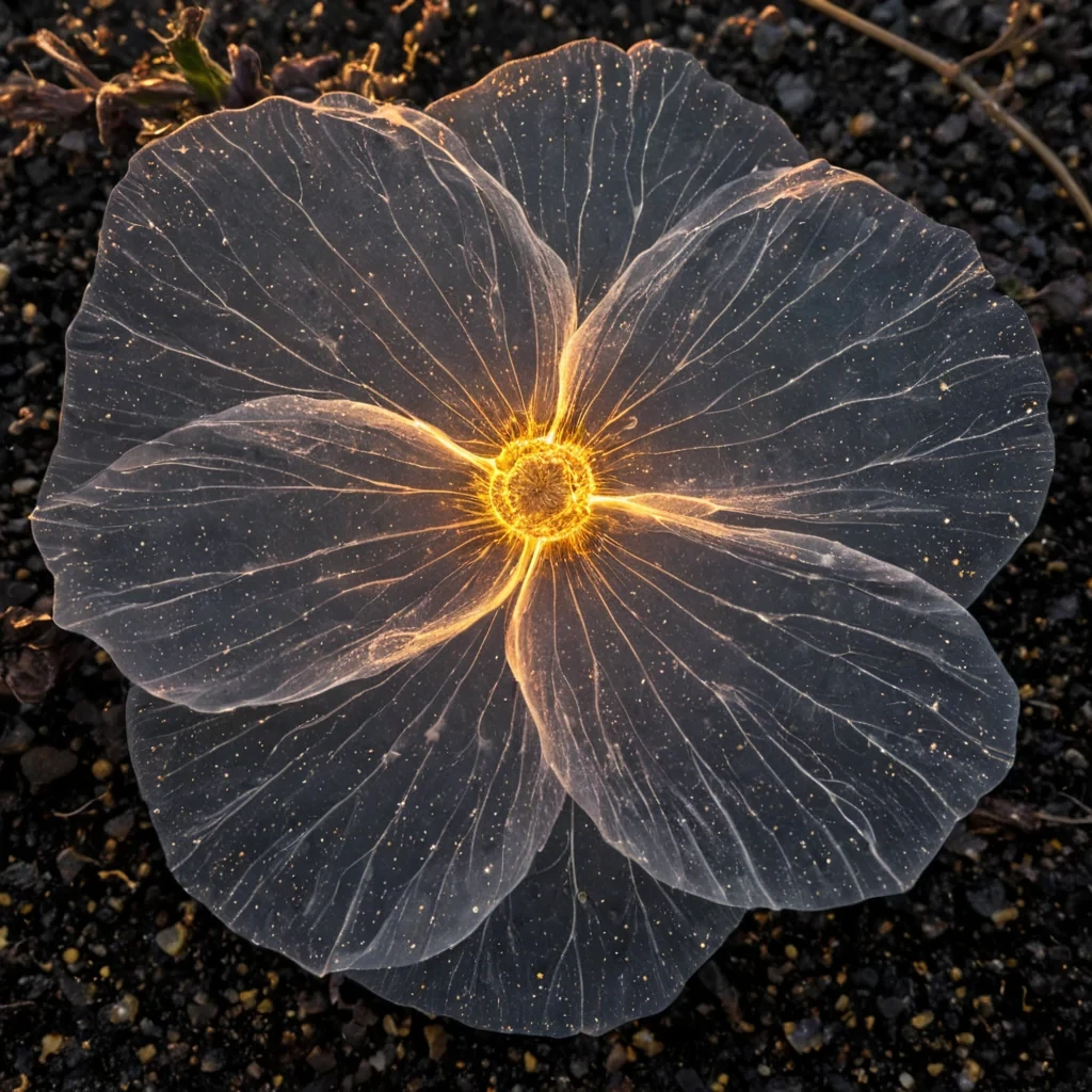 A single, selfreplicating constellation of bioluminescent pollen drifts in the center of a vast, still greenhouse built entirely of solidified sunlight from a civilization that communicated through the color of unblown flowers. The pollen does not scatterit pulses, forming slow, spiraling blooms of light shaped like the negative space between two petals that never unfurled, each grain glowing with the faint, thermal afterimage of a scent that was almost inhaled. The greenhouse is not glassit is a layered expanse of petrified dawn, each pane etched with the emotional residue of a sunrise that was never witnessed, its surface shimmering with the ghostly outline of a breeze that never stirred. The air is not stillit