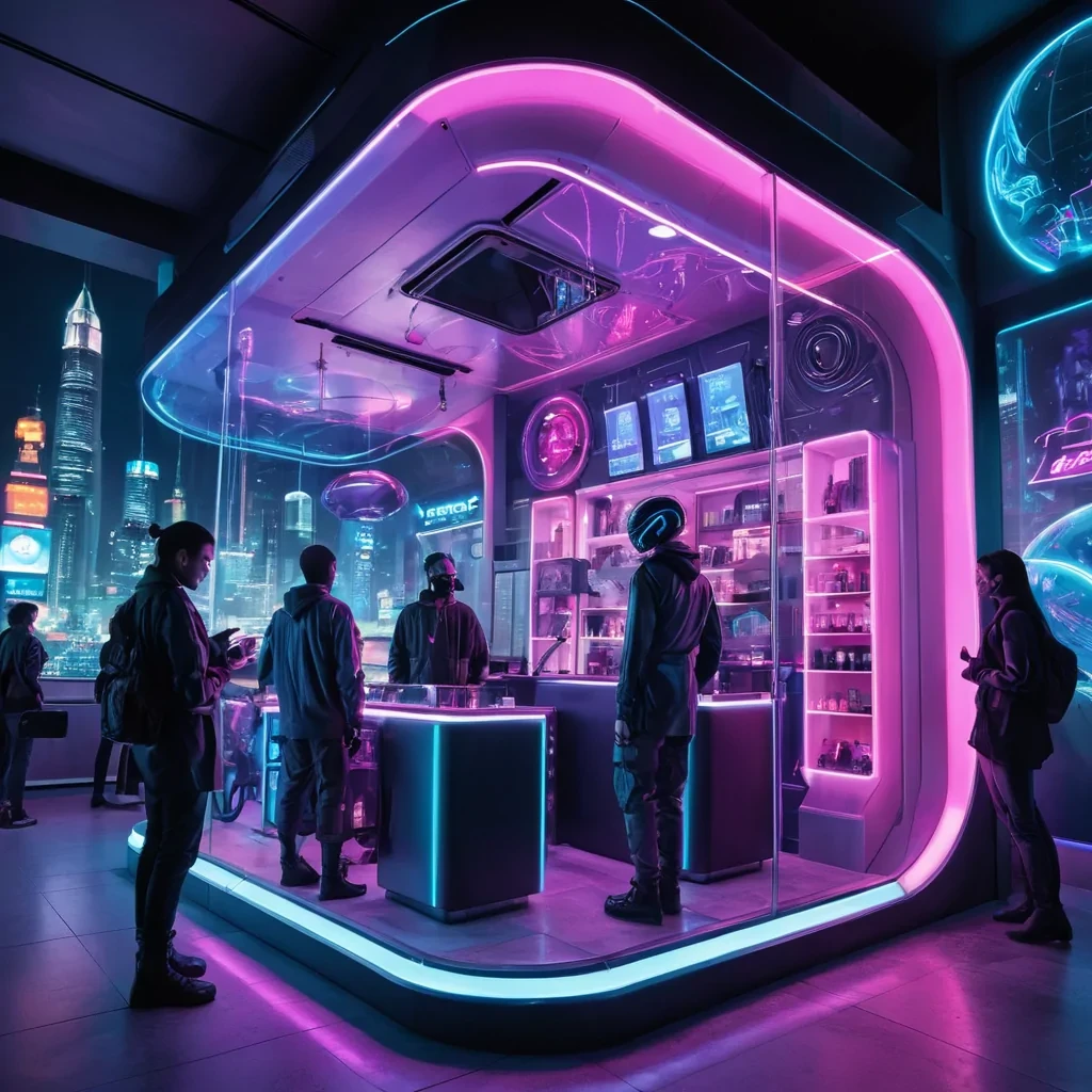 A futuristic, sci-fi-themed vape shop in a glowing neon cityscape. The shop is a sleek, floating pod with translucent walls emitting soft, colorful lights. Holographic displays hover around showcasing futuristic vape gadgets and swirling, luminous vapor. The setting includes towering cyberpunk-style skyscrapers in the background, with a vibrant mix of blues, purples, and neon pinks. Robotic attendants with sleek, humanoid designs interact with stylish, futuristic customers in edgy, tech-inspired attire. The scene is dynamic and immersive, blending fantasy and high-tech aesthetics in a visually captivating way