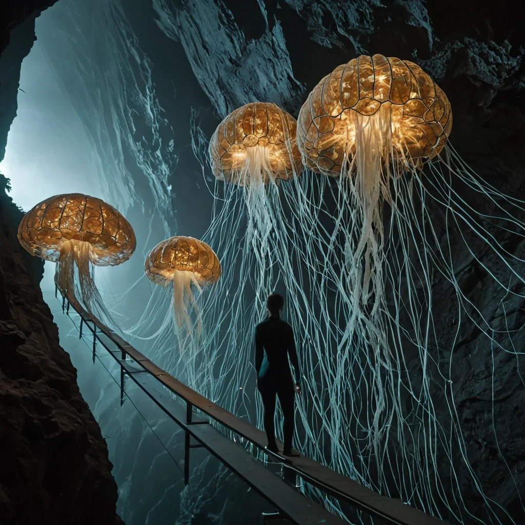 A horizontal, eyelevel wide shot of a vast, suspended archive constructed from interwoven strands of glowing, fibrous mycelium that form a honeycomb lattice spanning a deep, foggy gorge. The air is filled with floating, translucent data pods resembling jellyfish, pulsing with soft, bioluminescent rhythms of teal and amber. In the foreground, a data archivist with skin resembling polished alabaster and wearing a sleek, formfitting suit of mattegray neoprene adorned with subtle, circuitlike embroidery stands on a narrow, swaying bridge of woven fiber. They are gently cradling a small, crystalline orb that projects a holographic map of a star system in intricate, shifting lines of light. The