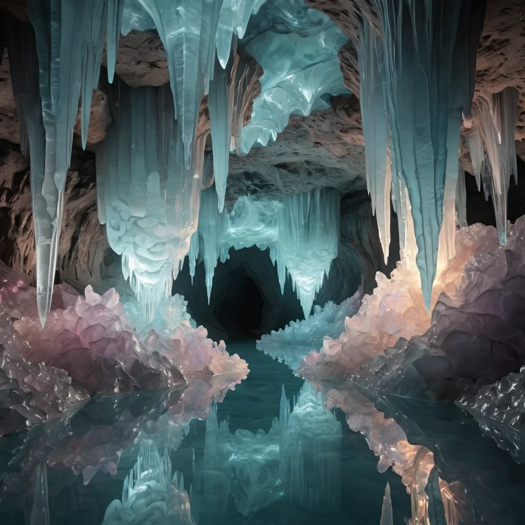 A hyperrealistic, 4K, ultra HD depiction of an ethereal, crystal cave system, its walls adorned with intricate, fractal patterns that shimmer in the soft, pasteltoned light. Volumetric lighting from a distant, pulsating, bioluminescent source casts a mesmerizing, dynamic glow on the delicate, translucent formations. In the center of the cavern, a serene, luminescent pool reflects the crystalline structures above, creating an otherworldly, mirrorlike effect. Photorealistic, fractal, zerogravity water formations dance in a surreal ballet, their gentle movements casting ethereal ripples across the pools surface.