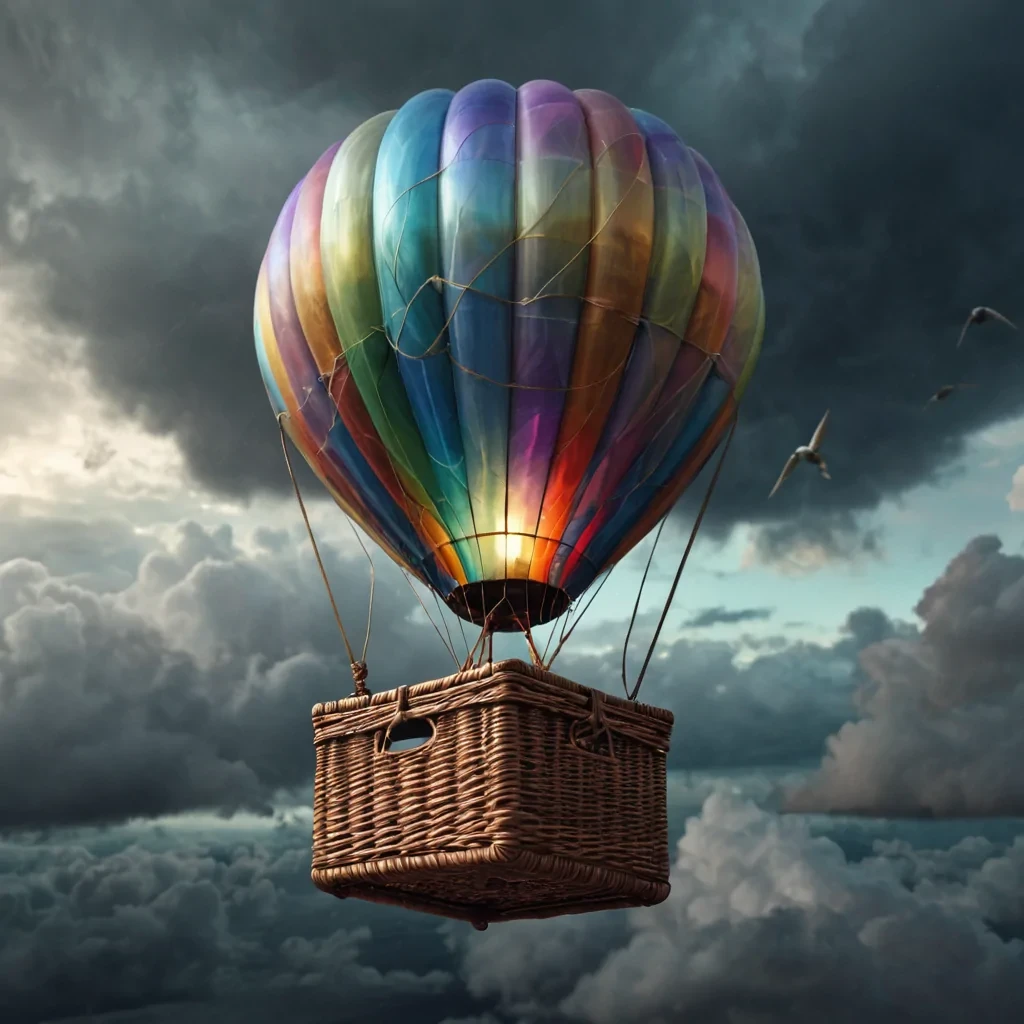 A sentient, levitating hot air balloon made of iridescent silk, floating through a stormy, industrial sky, its basket filled with antique maps and navigational instruments, as it is guided by a spectral, compassshaped entity, hyperrealistic, 4K, cinematic lighting, volumetric lighting, atmospheric effects, dynamic lighting, bokeh effect, vibrant colors, detailed textures.