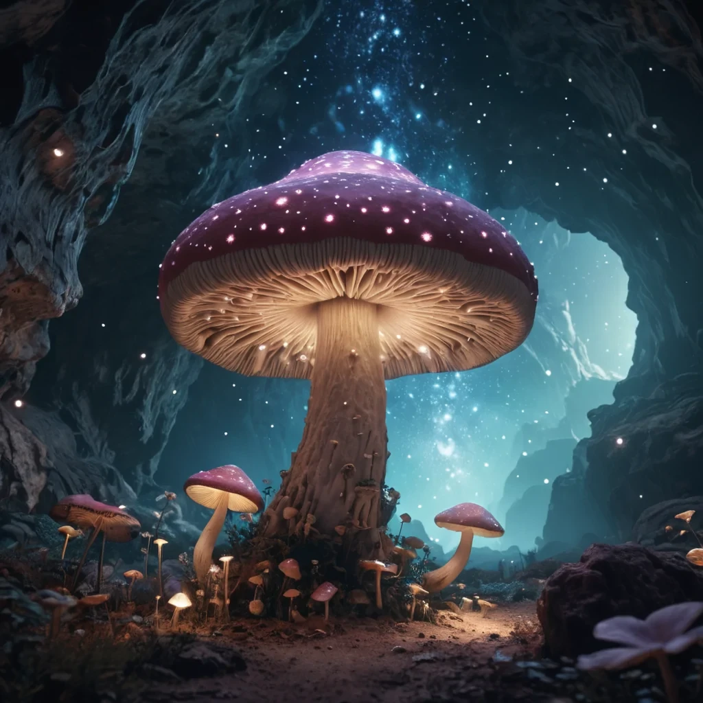 A gargantuan, sentient mushroom blooming in a luminescent cavern, its cap adorned with constellations, hyperrealistic, 4K, cinematic lighting, volumetric lighting, atmospheric effects, bokeh effect, pastel tones, detailed textures.