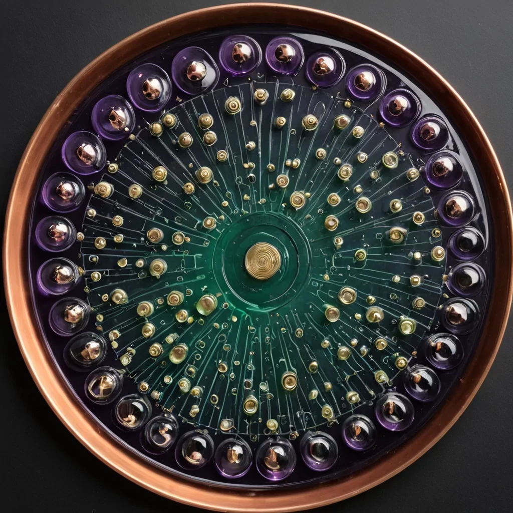 A topdown, overhead photograph of a vast, circular platter made of brushed, matte titanium, resting on a seamless, deep black void. The platter is filled with a dense, viscous, dark purple gel that contains thousands of perfectly preserved, miniature glass bells, each suspended at different depths and sizes. The bells are not ringing, but are instead emitting a faint, visual hum represented by concentric rings of pale, ethereal green light that ripple outward from their bases into the gel. Scattered across the surface of the gel are several large, irregular shards of clear, crystalline quartz, each embedded with a tiny, intricate circuit board made of gold leaf and copper wire. The lighting is soft and even, highlighting the transparency of the