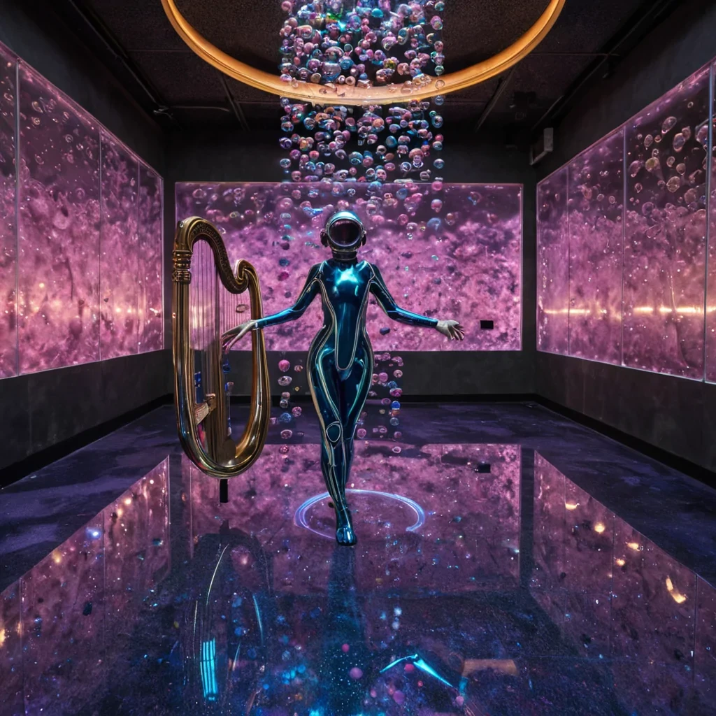 A horizontal, eyelevel medium shot of a suspended, cylindrical observation deck encased in thick, textured bubblegum pink resin, floating amidst a dense, swirling nebula of iridescent, metallic soap bubbles in shades of electric blue and violet. The floor is a polished, reflective surface of matte charcoal concrete, contrasting with the vibrant, organic forms of the surroundings. In the center, a figure wearing a sleek, futuristic diving suit made of translucent, flexible silicone with embedded fiberoptic cables that pulse with a rhythmic, warm amber light stands holding a delicate, intricate instrument crafted from polished bone and gold filigree, resembling a hybrid of a harp and a scientific spectrometer. The instrument emits soft, visible sound waves rendered as translucent