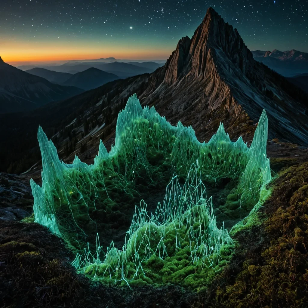 A single, selfsustaining constellation of bioluminescent moss pulses in the hollow core of a suspended, inverted mountain range carved from the petrified breath of a species that never evolved, its filaments not organic but spun from the chromatic residue of a sunrise that never touched a planet that never formed. The moss does not glowit unglows with each pulse, retracting a billion years of photosynthesis into its core, condensing into a dense, jade lattice that resonates with the harmonic frequency of a photosynthetic song sung in reverse by a forest that never learned to stand. The mountains peaks are not rockthey are hollowedout spires of solidified stillness, each ridge etched with the thermal after